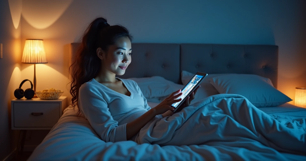 Mulher jovem assistindo streaming em tablet na cama com luz suave 