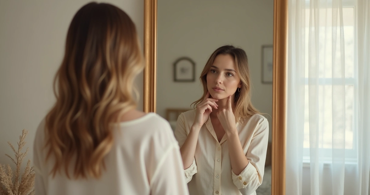 Mulher olhando para o espelho com expressão de autoconhecimento 