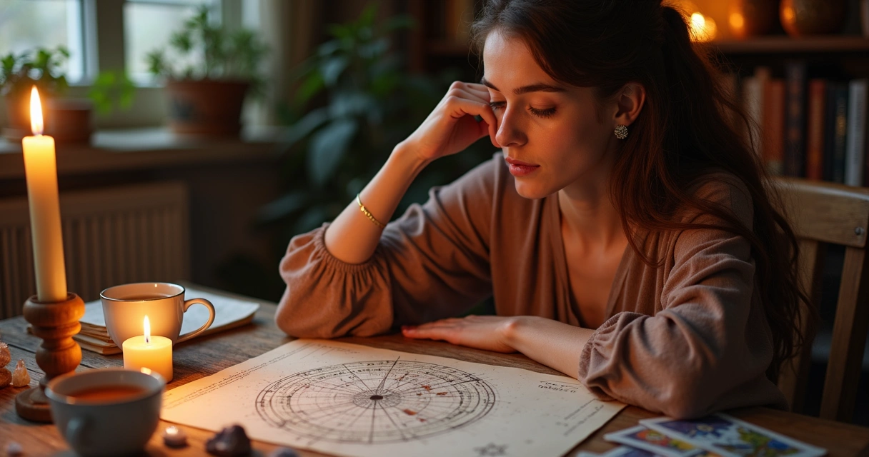 Mulher jovem olhando um mapa astral com cartas de tarot