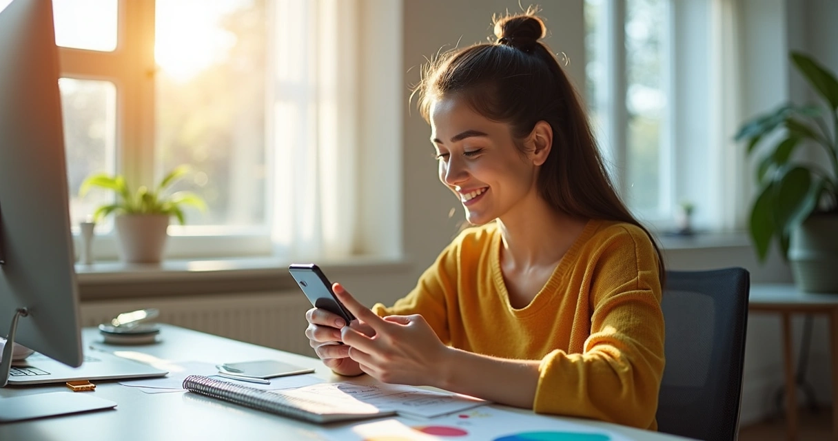 Mulher jovem olhando para a tela do celular, digitando em aplicativo de mensagens 