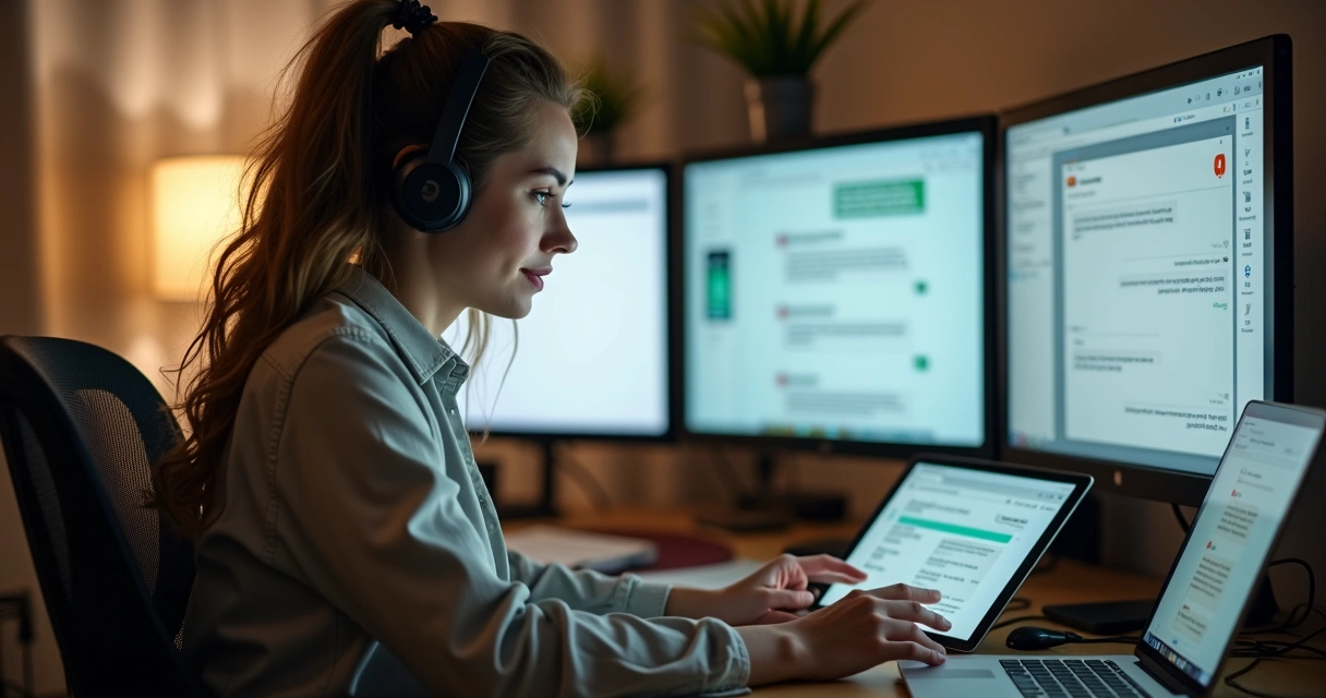 Atendente mulher em home office, em uma mesa organizada, interagindo com múltiplas telas e aplicativos de comunicação, transmitindo foco e atenção. 