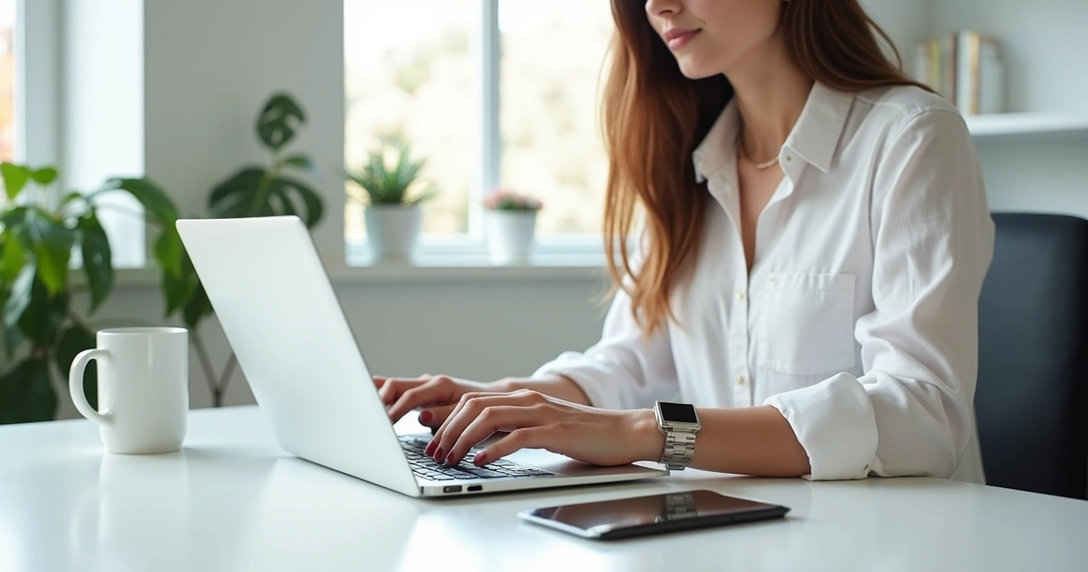 Mulher digitando mensagem em notebook na mesa de trabalho virtual 