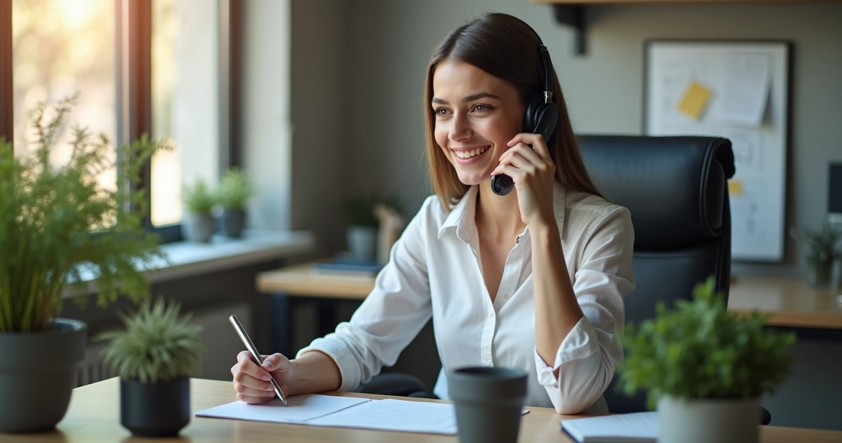 Mulher atendendo telefone em escritório moderno, expressando simpatia
