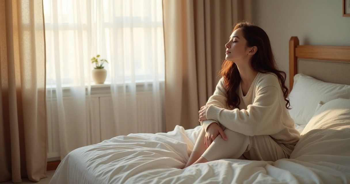 Mulher abraçando a si mesma sentada na beira de uma cama 