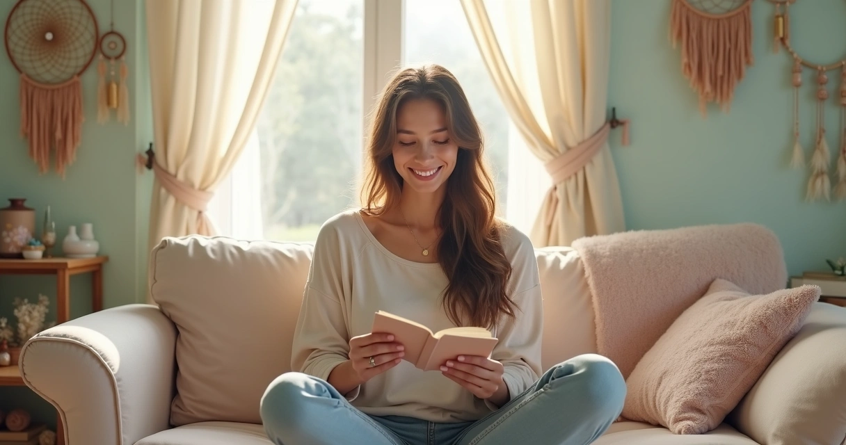 Mulher sorrindo com cartas de autoconhecimento nas mãos 