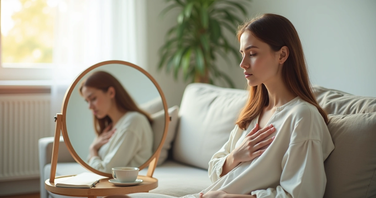Mulher sentada em frente ao espelho tocando o próprio peito com expressão serena 