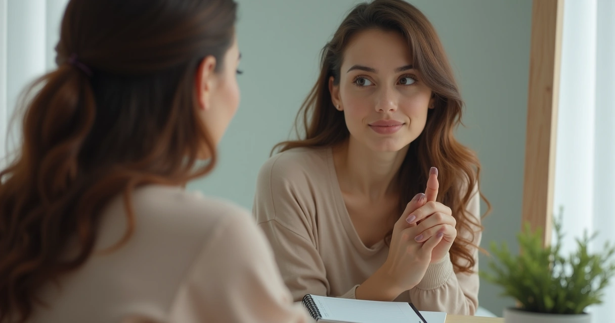 Mulher se olhando no espelho com expressão de autoconhecimento 