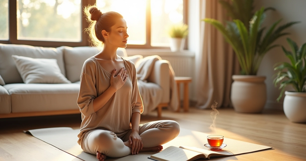 Mulher sentada em postura de meditação em sala iluminada com caderno de anotações ao lado 