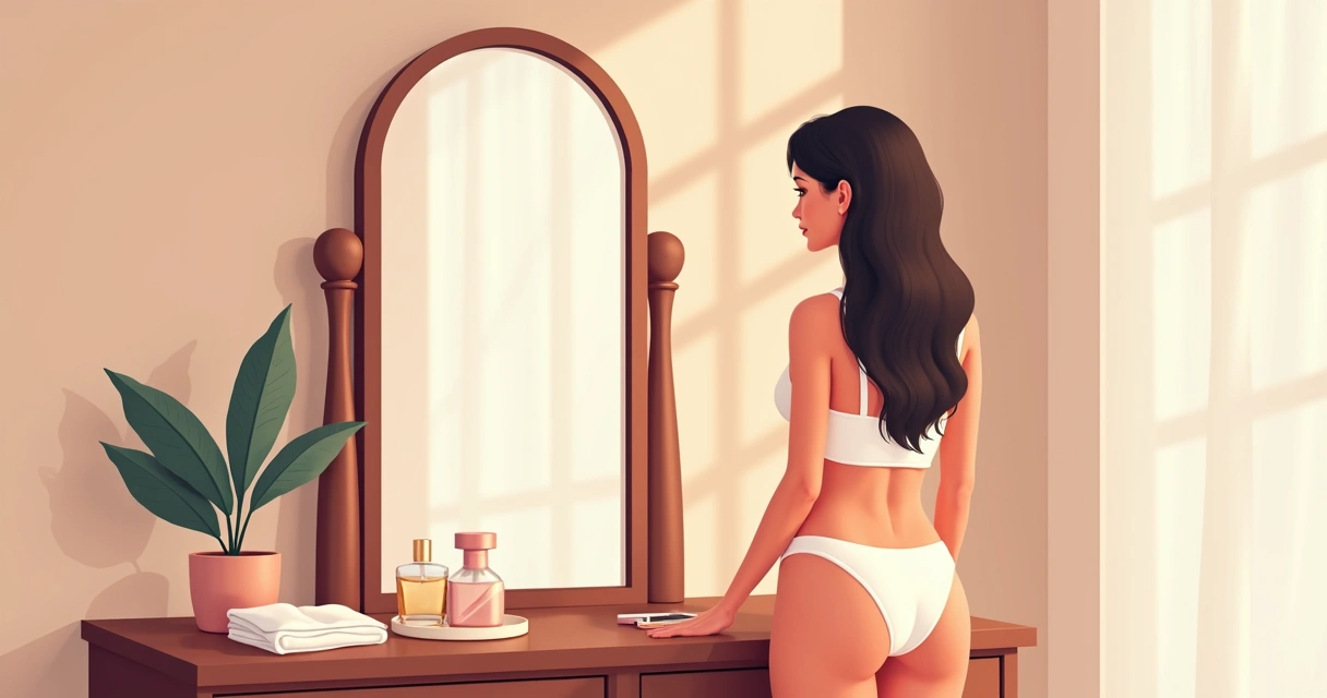 Mulher diante do espelho com lingerie e itens de autocuidado