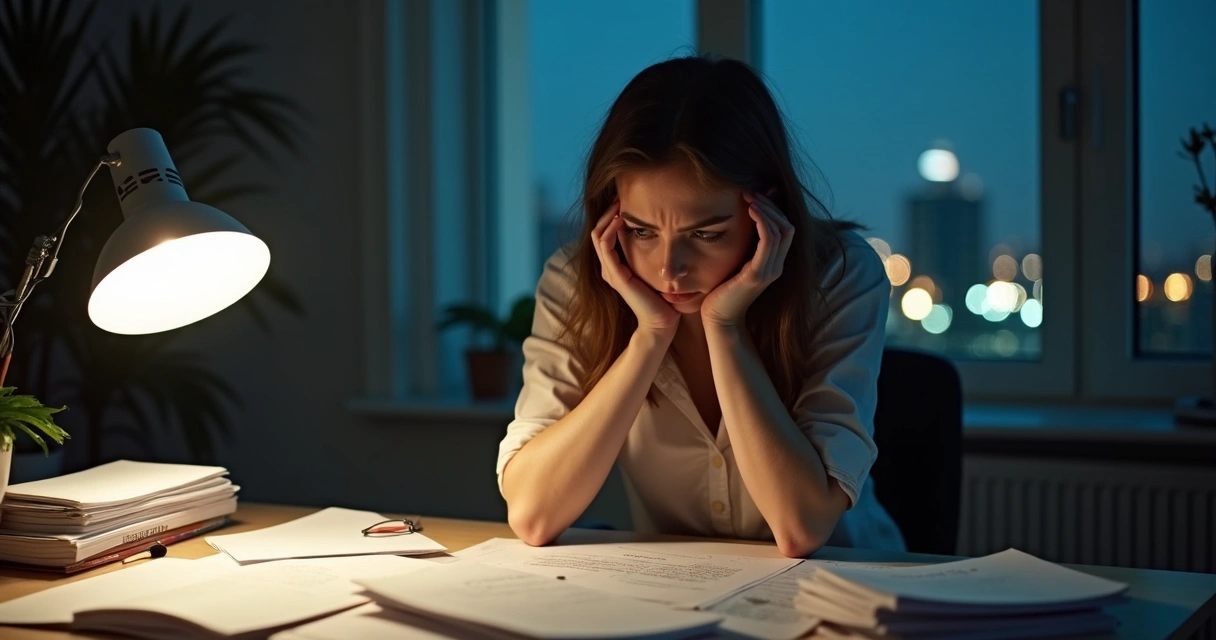 Mulher sentada à escrivaninha com expressão de cansaço, muitos papéis ao redor, noite pela janela 
