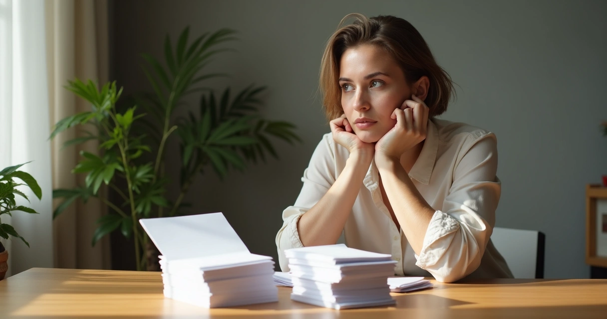Mulher sentada à mesa decidindo entre diferentes opções com expressão confiante.
