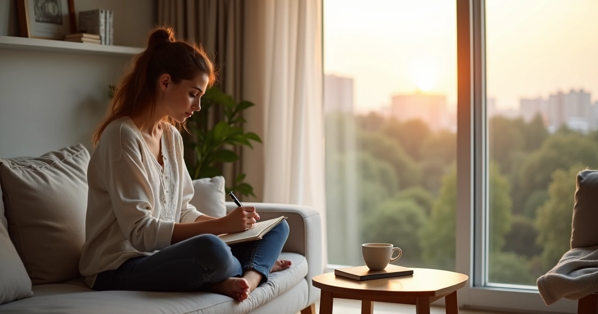 Mulher sentada perto da janela refletindo e escrevendo em um caderno 