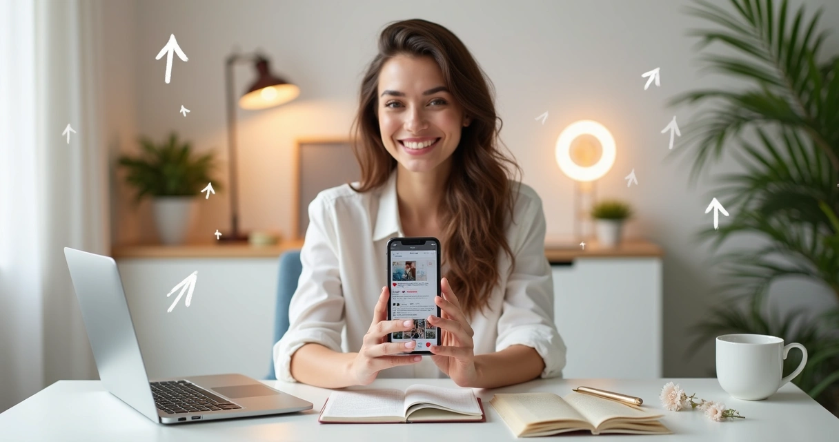 Mulher confiante usando Instagram no celular com poucos seguidores em destaque 