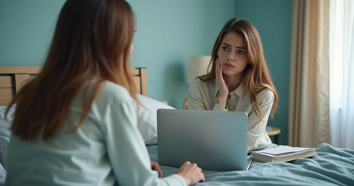 Mulher olhando para o próprio reflexo em um espelho com expressão preocupada