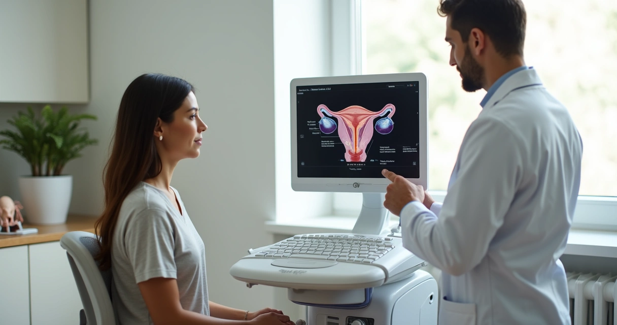 Mulher avaliando ultrassom uterino com destaque para mioma na tela 