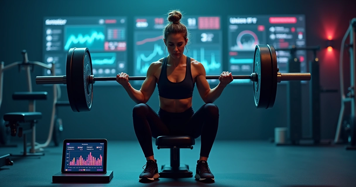 Mulher avançada treinando musculação guiada por gráficos de IA em tablet 