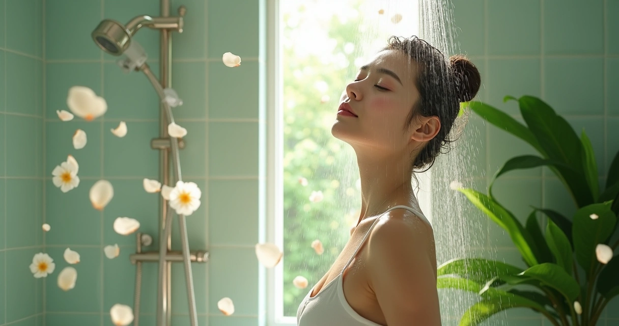 Mulher tomando banho com pétalas brancas e folhas. 