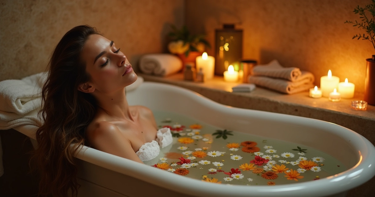 Mulher relaxando em banheira com atmosfera de aromaterapia 