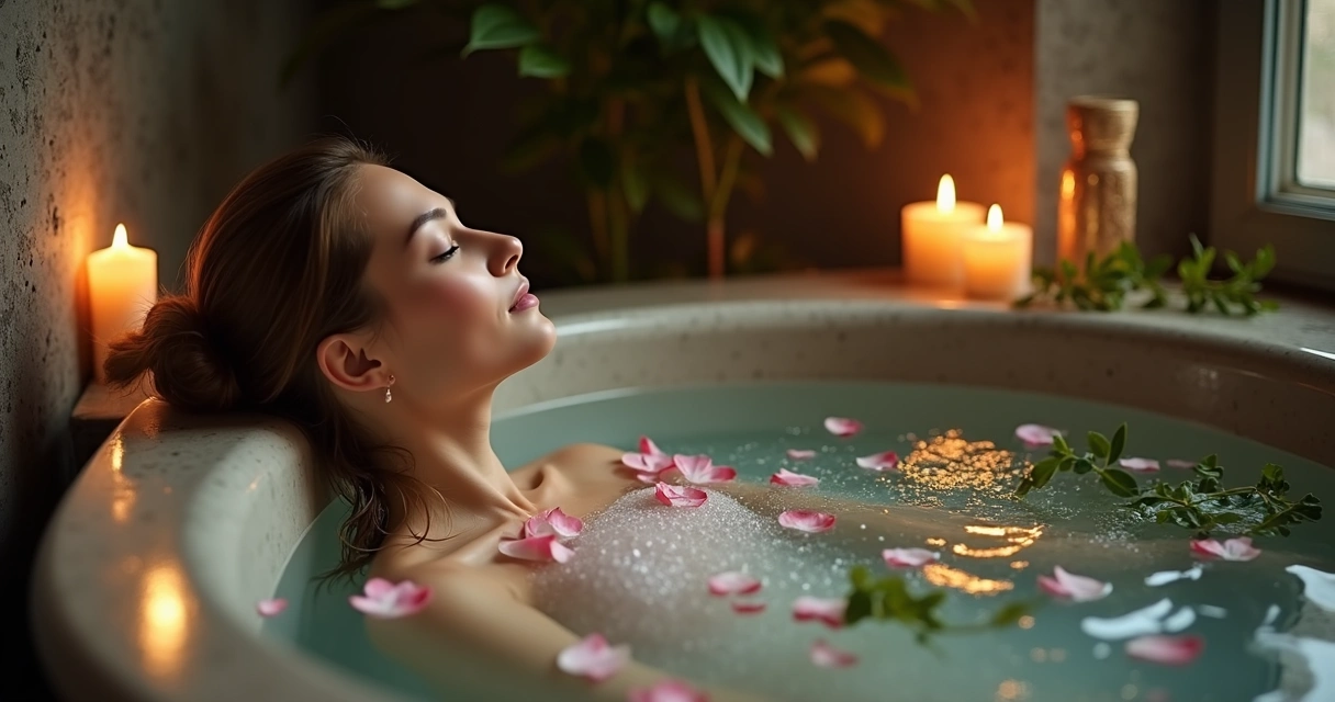 Mulher relaxando em banho energético com ervas 