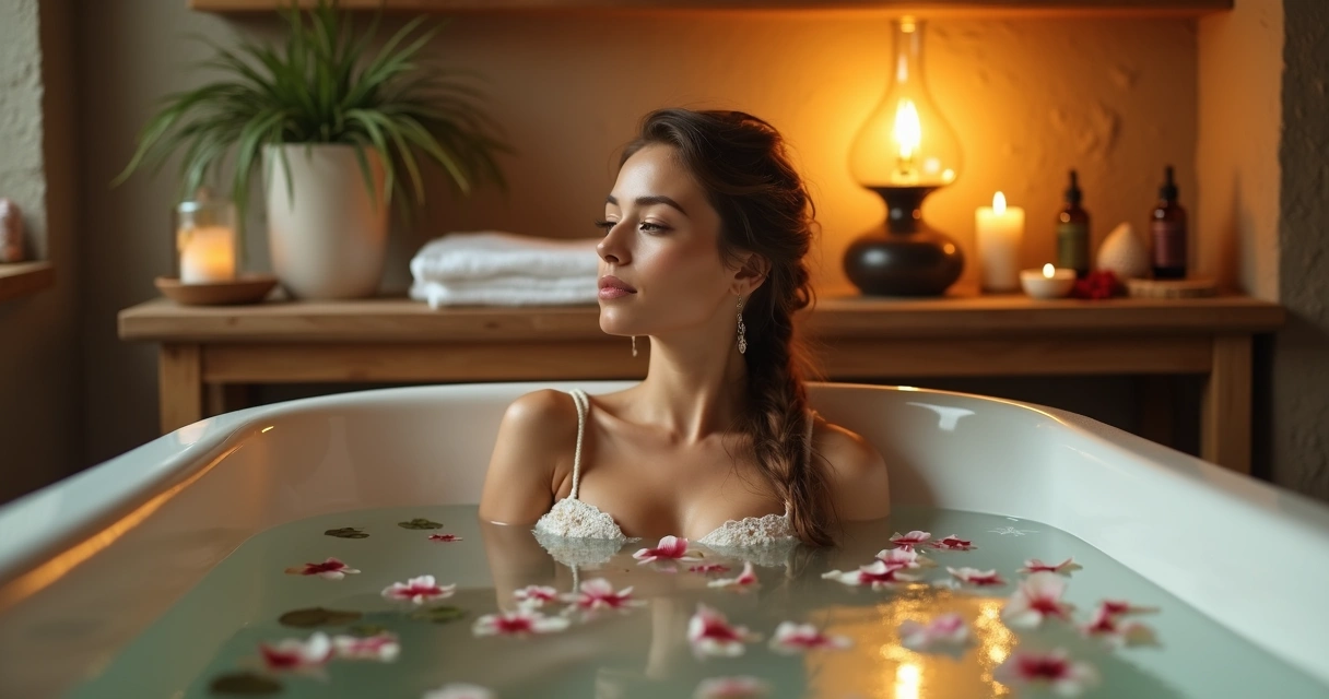 Mulher relaxando em um banho energético à luz de um candeeiro, com pétalas e ervas na água.