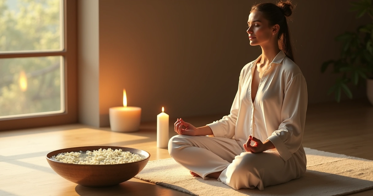 Mulher fazendo banho energético com flores e vela acesa 
