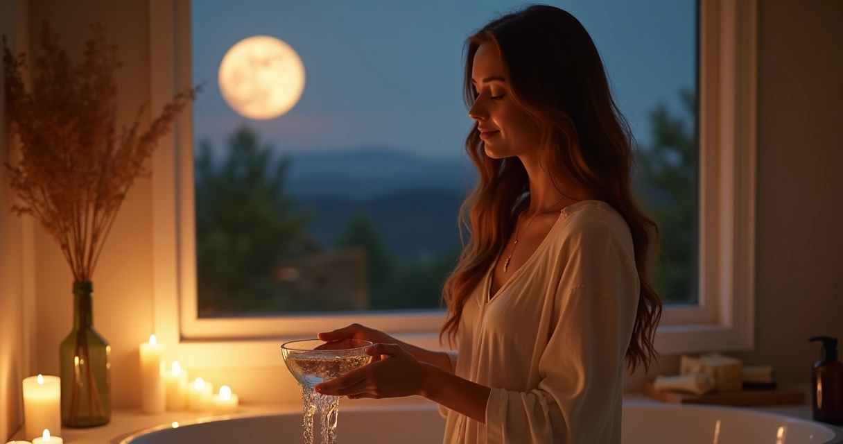 Mulher faz banho energético com luz suave ao fundo 