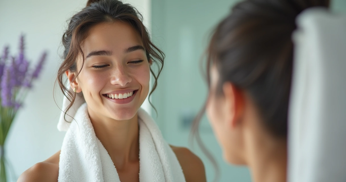 Mulher diante do espelho após banho de energia