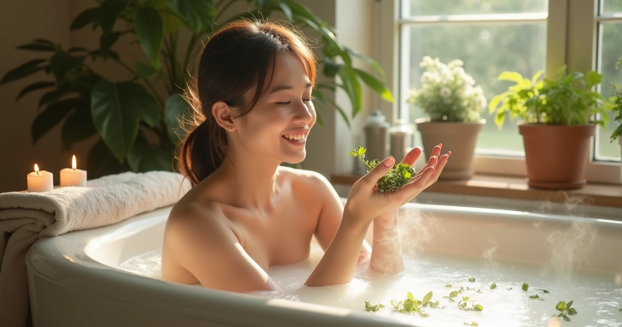 Mulher sorrindo enquanto joga ervas em banho relaxante 