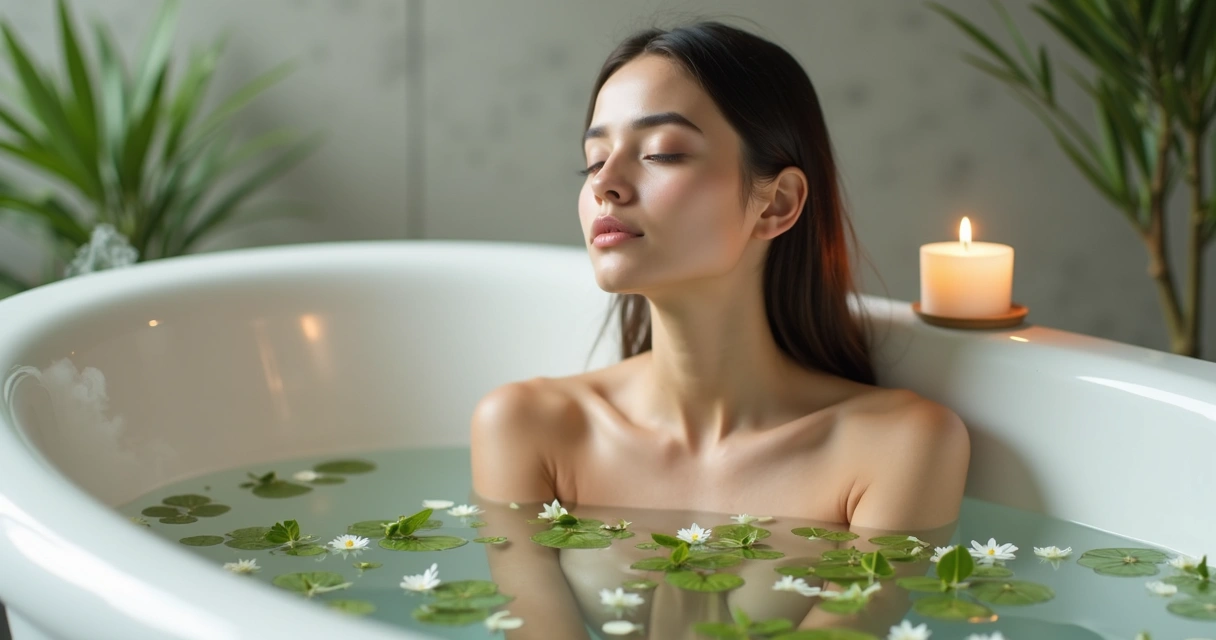 Mulher relaxa em banho de ervas e vela acesa 