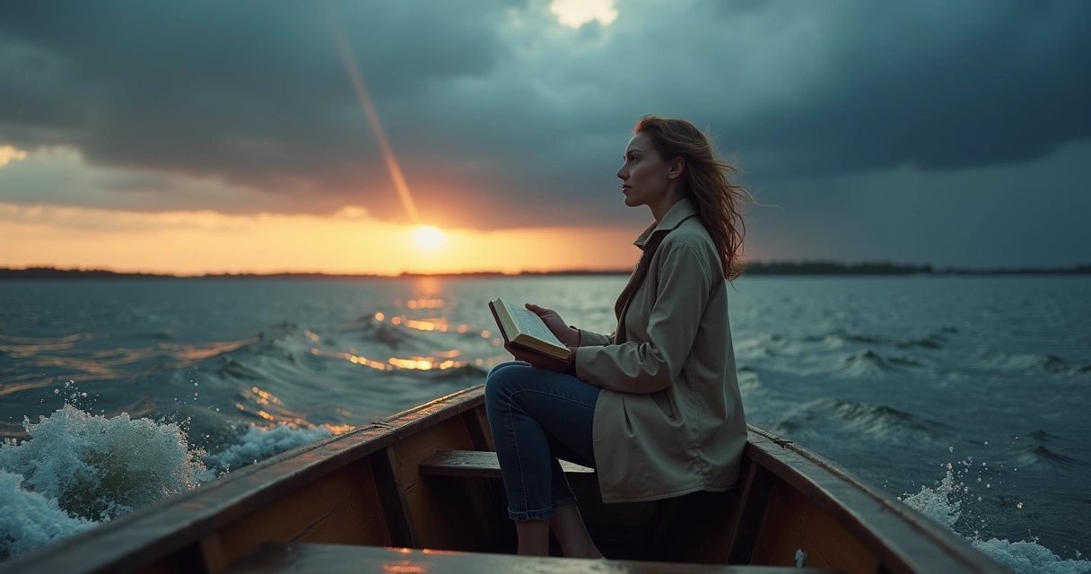 Mulher em pequeno barco segurando Bíblia aberta em meio a mar agitado ao entardecer 