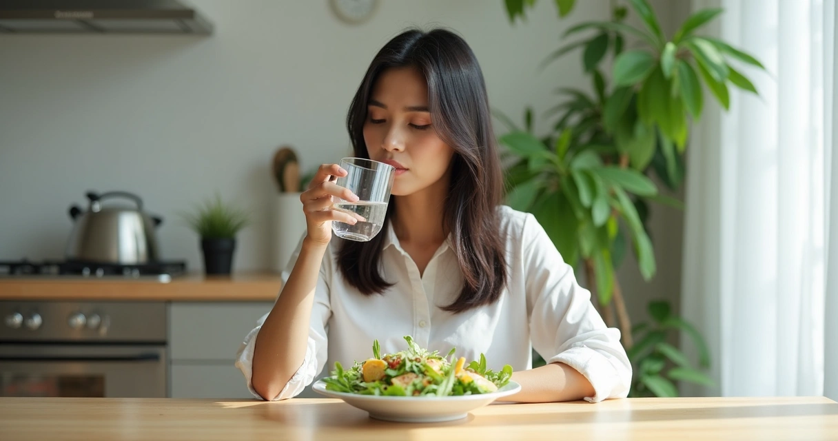 Mulher sentada à mesa tomando um copo de água durante uma refeição leve 