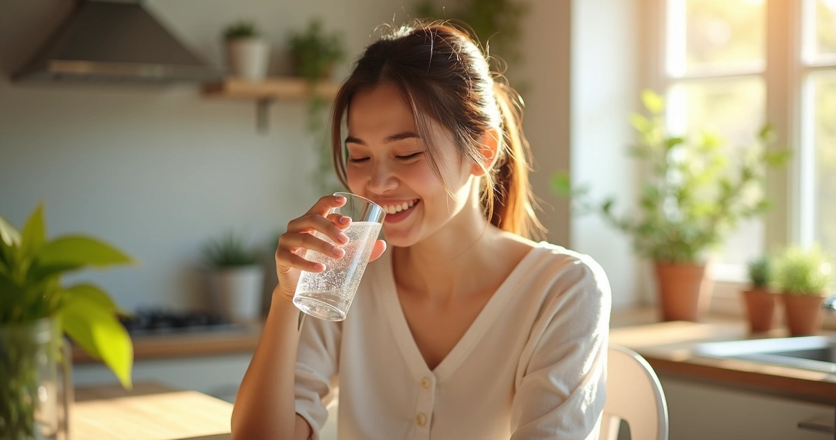 Mulher jovem bebendo água e sorrindo, sentada à mesa 