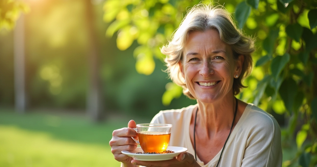 Mulher sorrindo em ambiente natural, sentindo-se bem 
