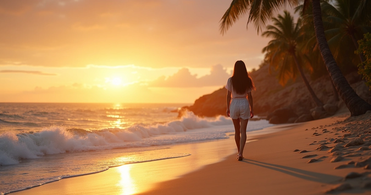 Mulher caminhando perto do mar com roupas leves ao entardecer. 