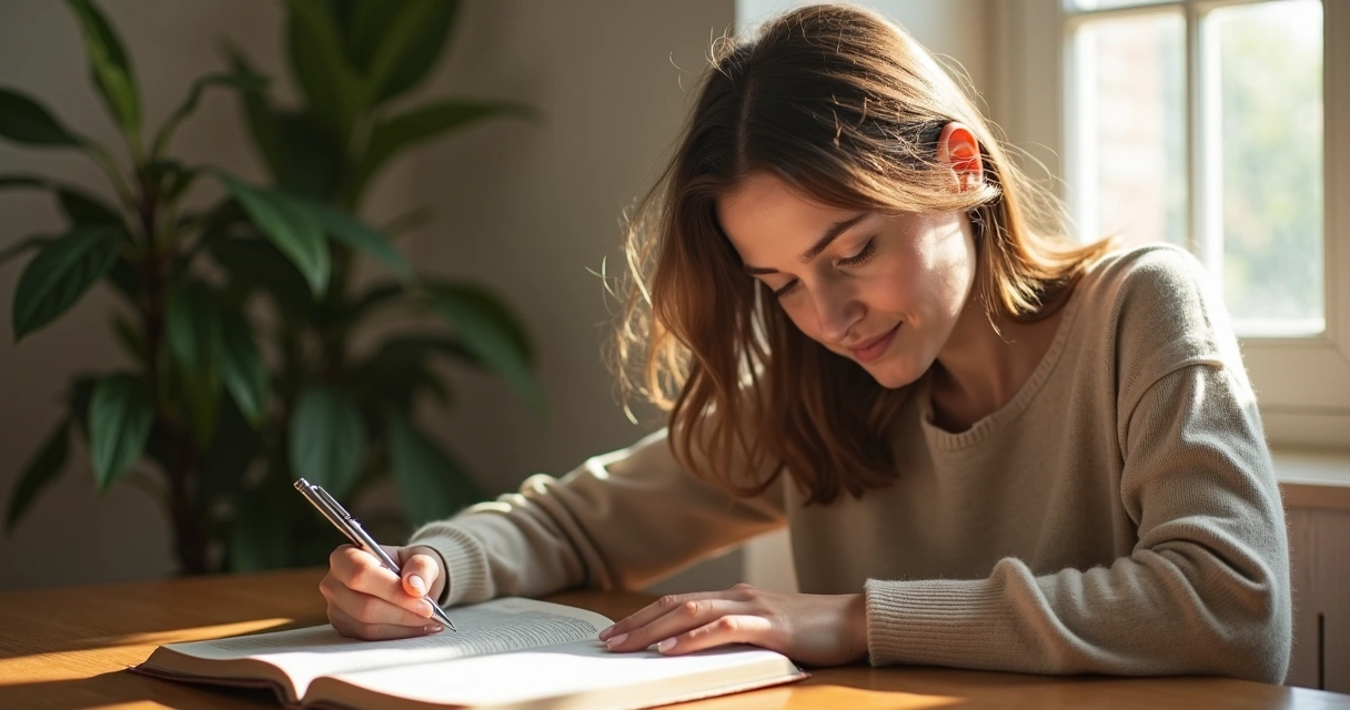 Mulher estudando Bíblia sobre a mesa, caderno aberto e caneta à mão 