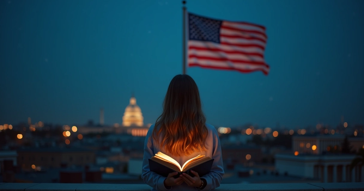 Mulher segurando Bíblia aberta diante da bandeira dos EUA iluminada à noite 