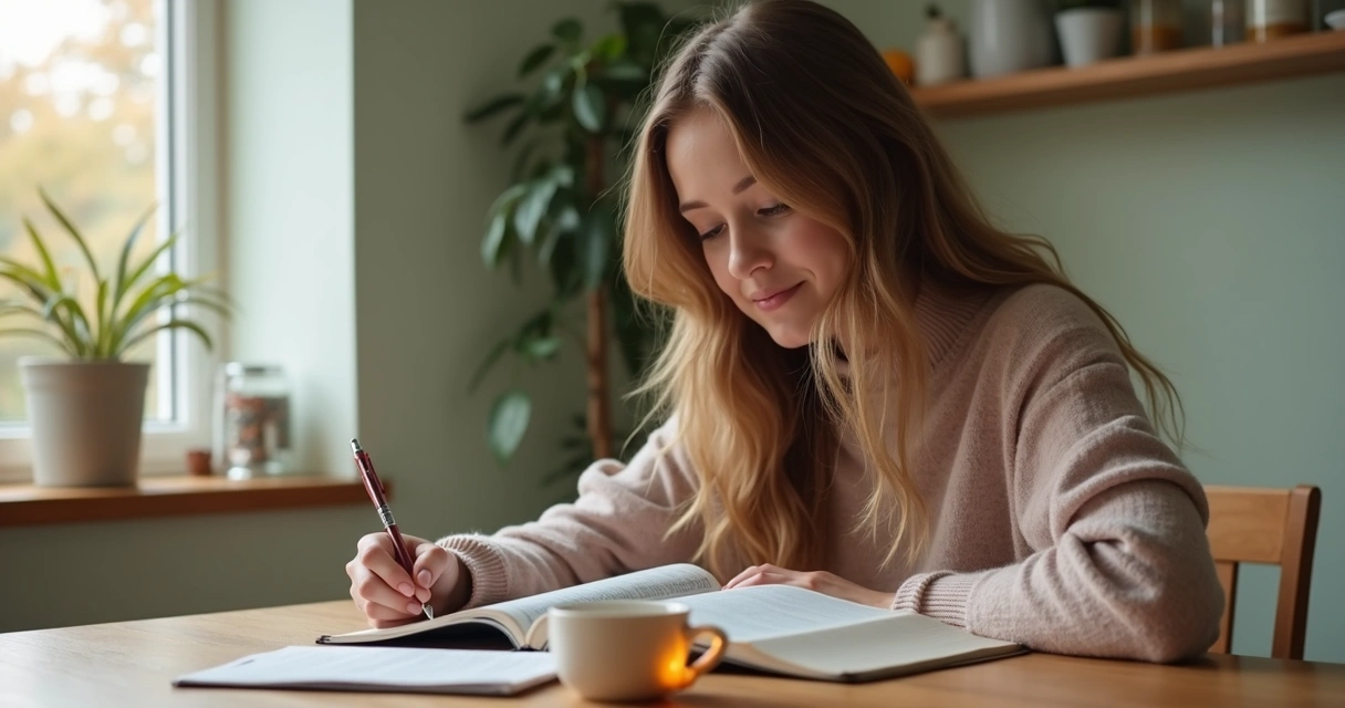 Mulher cristã lendo a Bíblia com caderno de anotações ao lado 