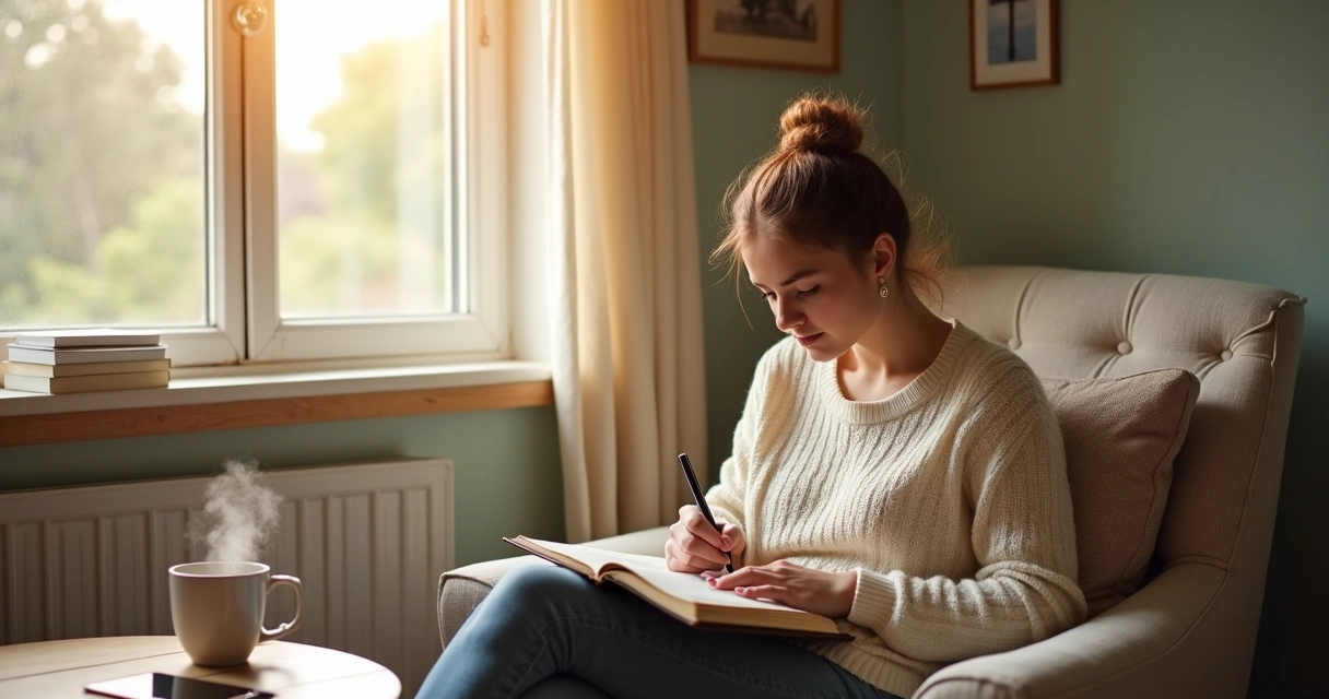 Mulher estudando a bíblia em um caderno com um lápis ao lado