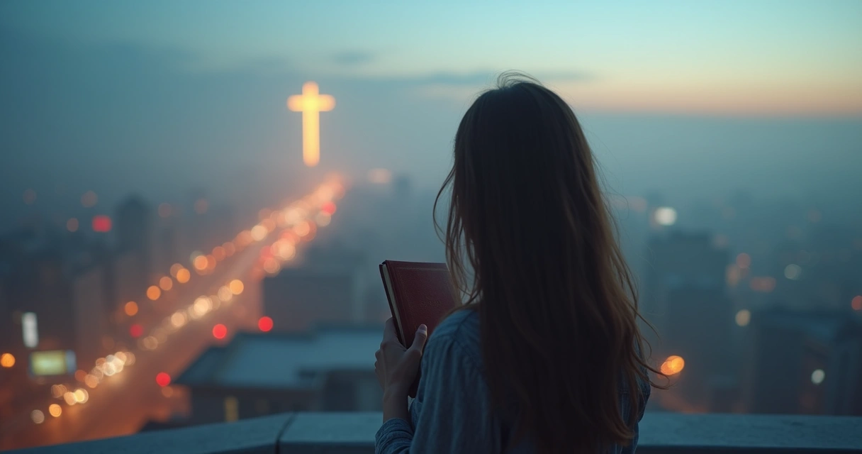 Mulher com Bíblia observando cruz iluminada sobre cidade em névoa 