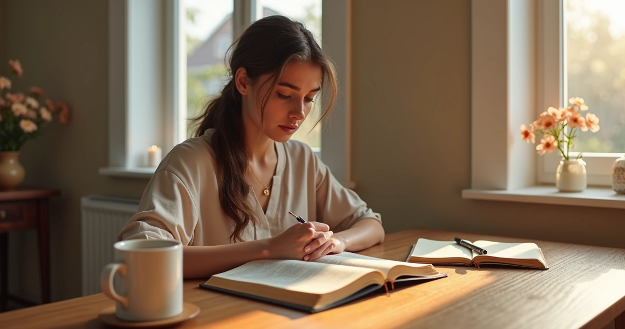 Mulher cristã lendo a Bíblia aberta ao lado de um caderno devocional e xícara de café 