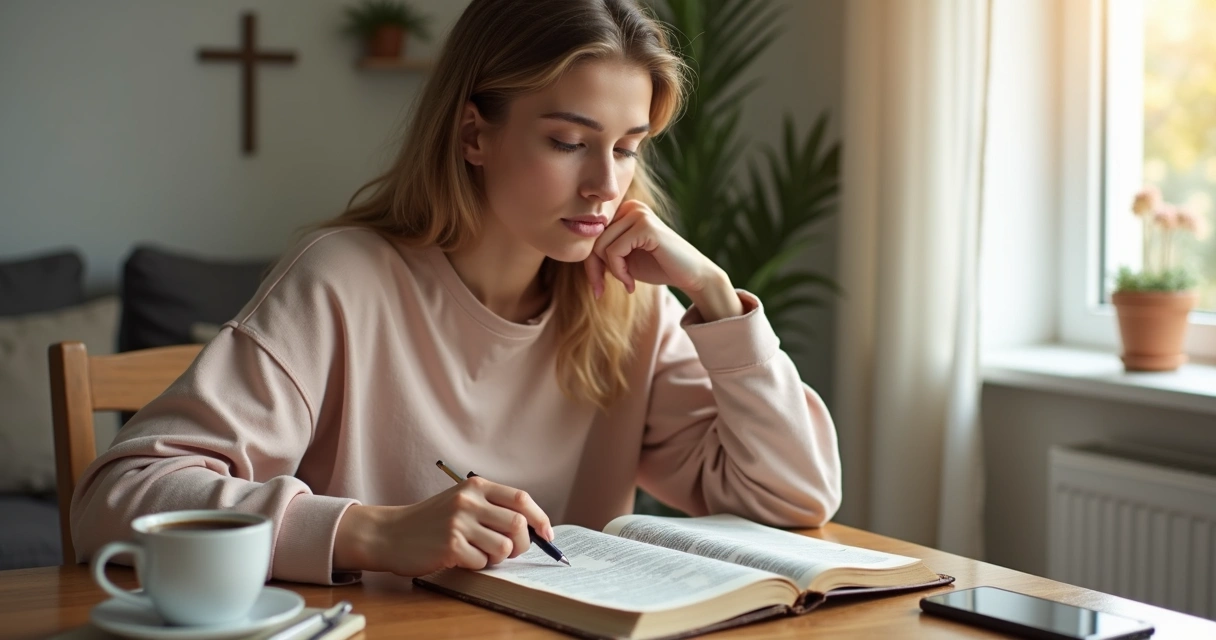 Mulher cristã lendo a Bíblia em casa com anotações e xícara de café 