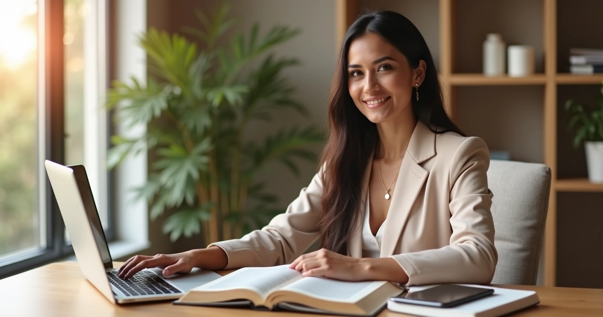 Mulher de negócios cristã com Bíblia e notebook sobre a mesa 