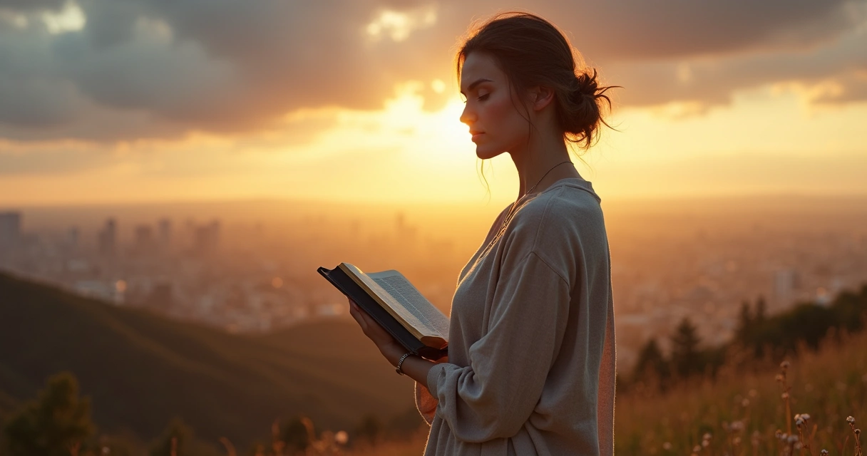 Mulher em colina ao entardecer segurando Bíblia aberta e olhando horizonte luminoso 