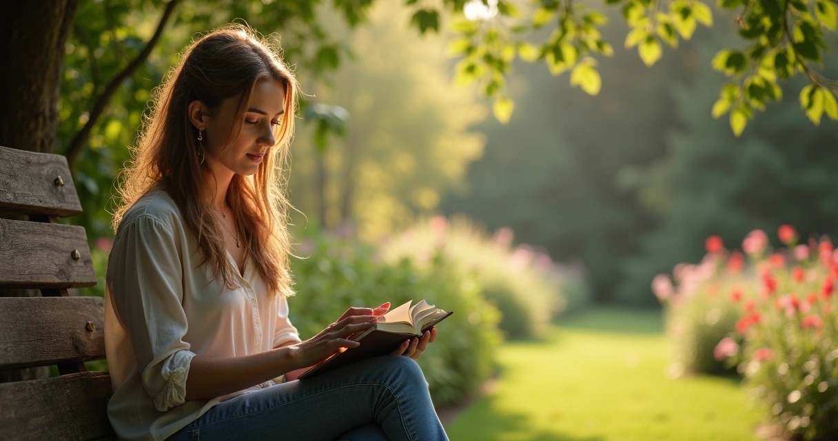Mulher lendo Bíblia sentada em um jardim, luz natural 