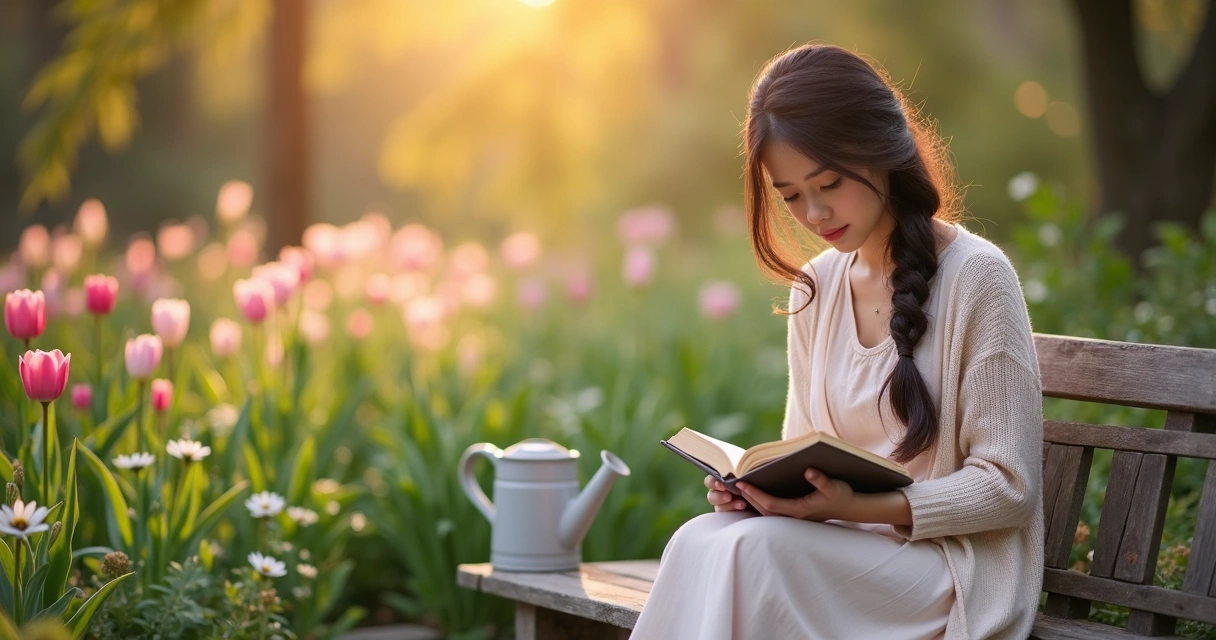 Mulher lendo a Bíblia sentada em jardim florido na primavera 