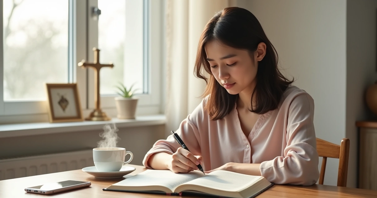 Mulher cristã sentada à mesa com Bíblia aberta organizando seu plano de tarefas 