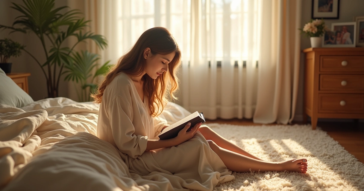 Mulher sentada em posição de oração lendo a Bíblia em um quarto iluminado e acolhedor 