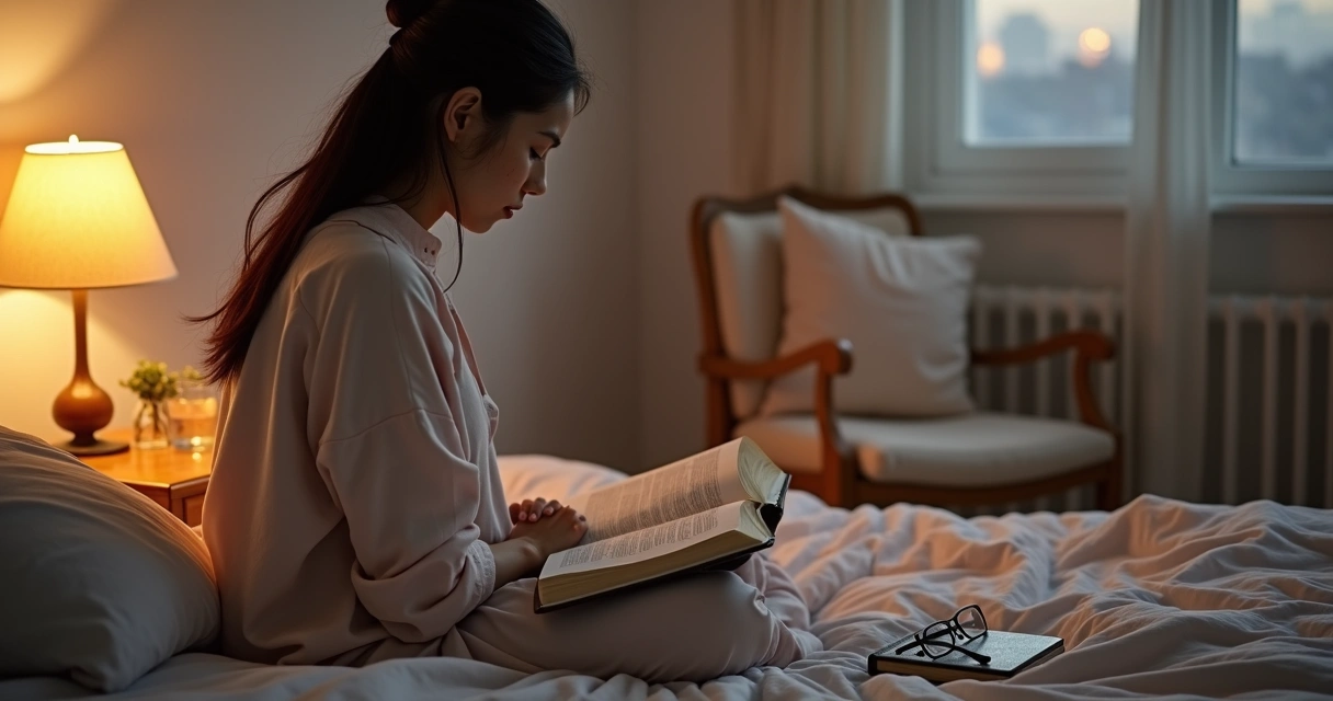 Mulher sentada na cama ao entardecer segurando uma Bíblia aberta com expressão de dor e esperança 