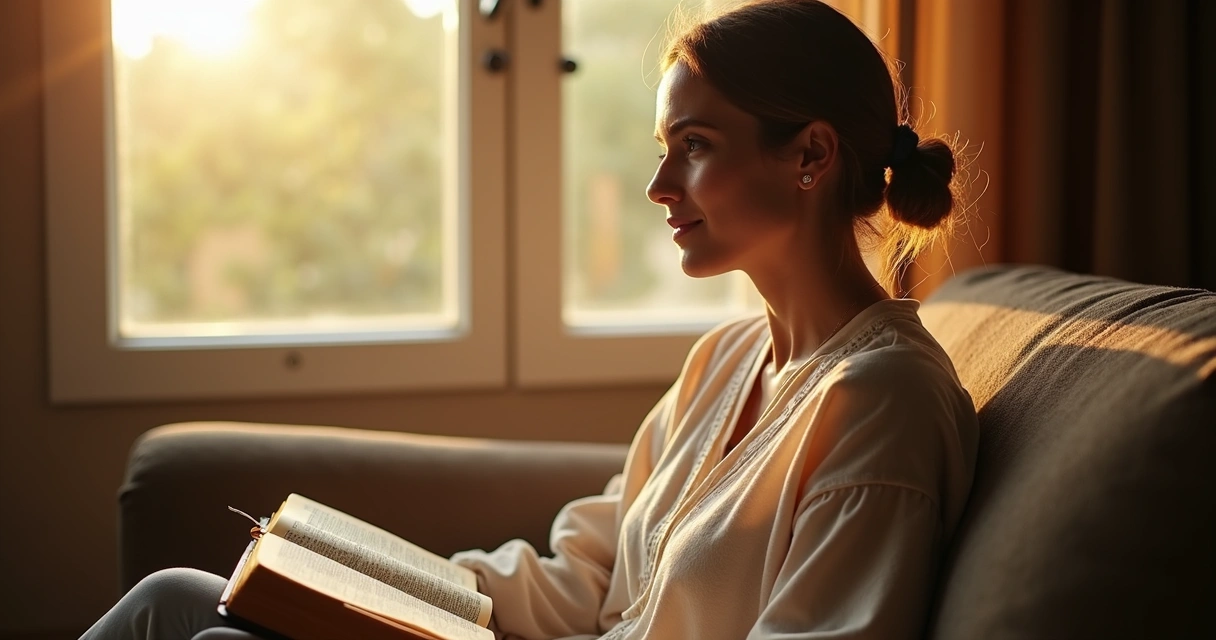 Mulher lendo Bíblia com raio de sol na janela 