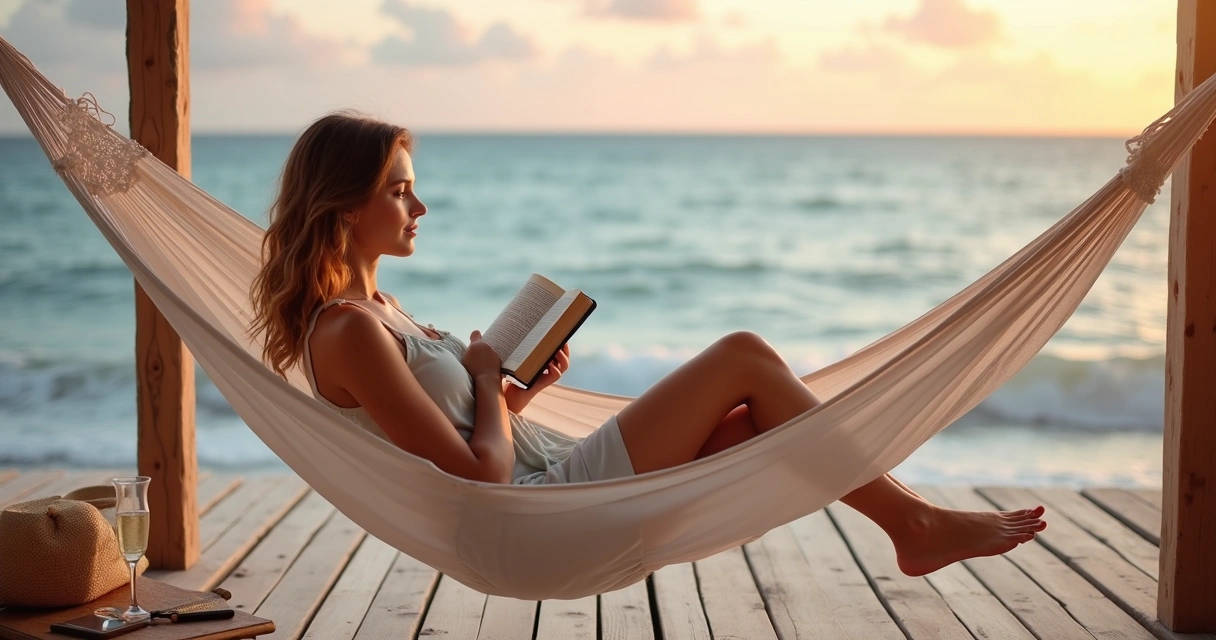 Mulher lendo a Bíblia em rede de descanso perto do mar ao pôr do sol 